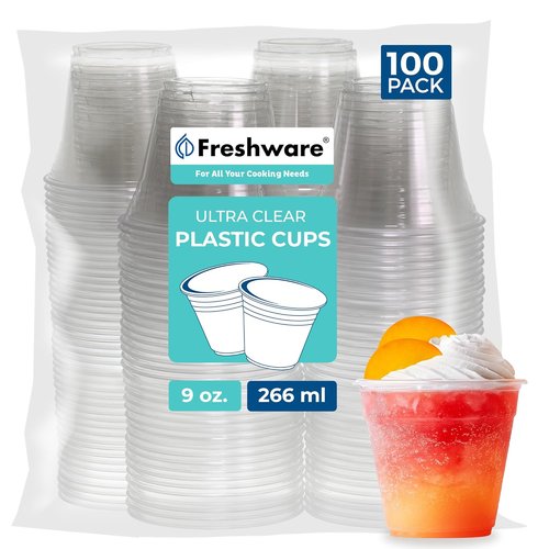 Freshware 9 oz Clear Disposable Plastic Cups - Heavy-Duty Tumblers for Parties | 100 Pack