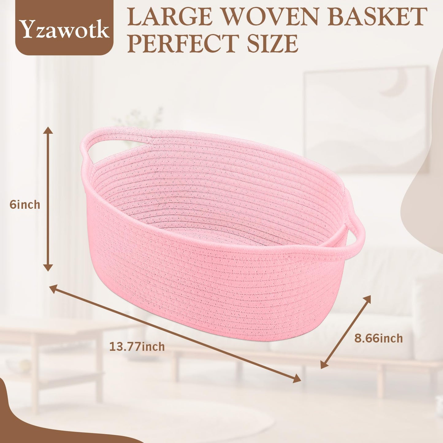 Yzawotk Woven Storage Basket with Handle, Cute Gifts Basket for Nursery, Empty Gift Decorative Organizer for Birthday Baby Toy Pet Baskets 13.77'' x 8.66 '' x 6 ,Pink