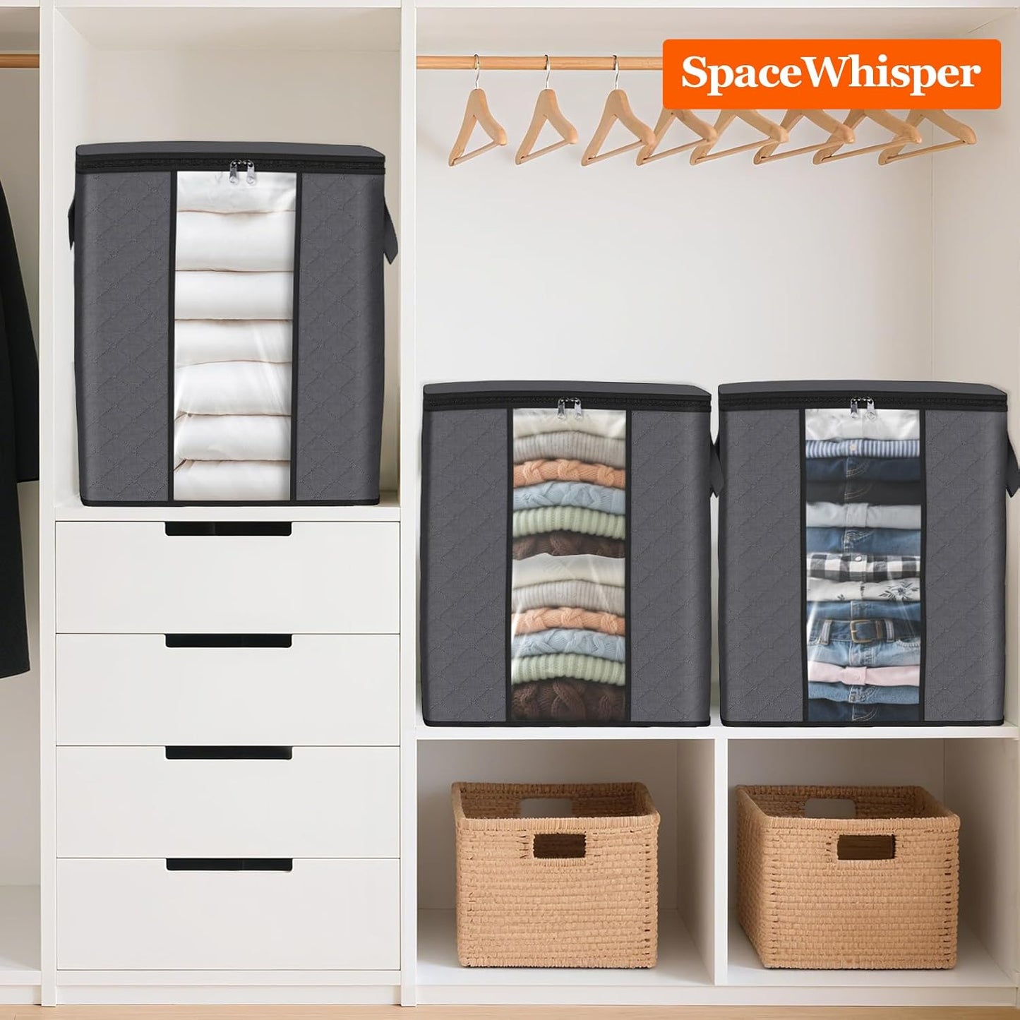 SpaceWhisper 100L Clothes Storage Bags - Foldable Thick Fabric Organizers for Bedroom & Closet | Grey, 3-Pack