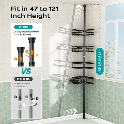 HAMITOR Corner Shower Caddy - Rustproof 4-Tier Bathroom Organizer for Shampoo & Soap - Adjustable 47-121 Inch Black Rack