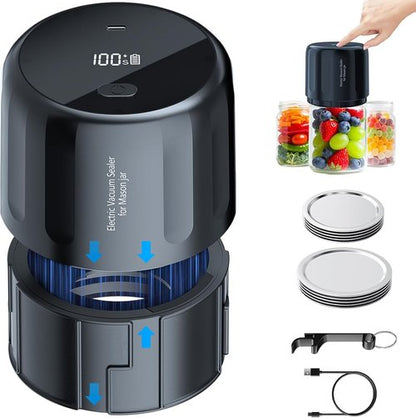 **Upgraded Auto Stop Electric Mason Jar Vacuum Sealer Kit - Fully Automatic for Wide & Regular Mouth Jars | Large Screen & Battery Level Display**