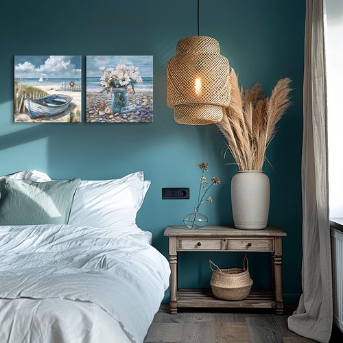 Bathroom Decor Beach Wall Art Ocean Theme Blue Picture Canvas Print Modern Coastal Artwork Framed Hanging Dining Office Living Room…