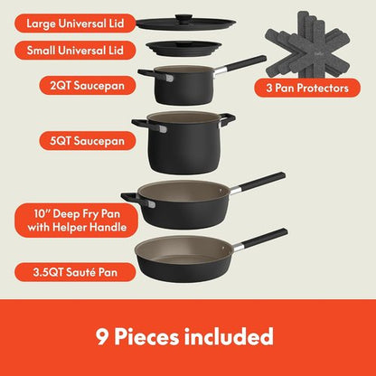 Bella 9-Piece Ceramic Nonstick Cookware Set - Dishwasher & Oven Safe | Stackable Design, Cool Touch Handles, Black