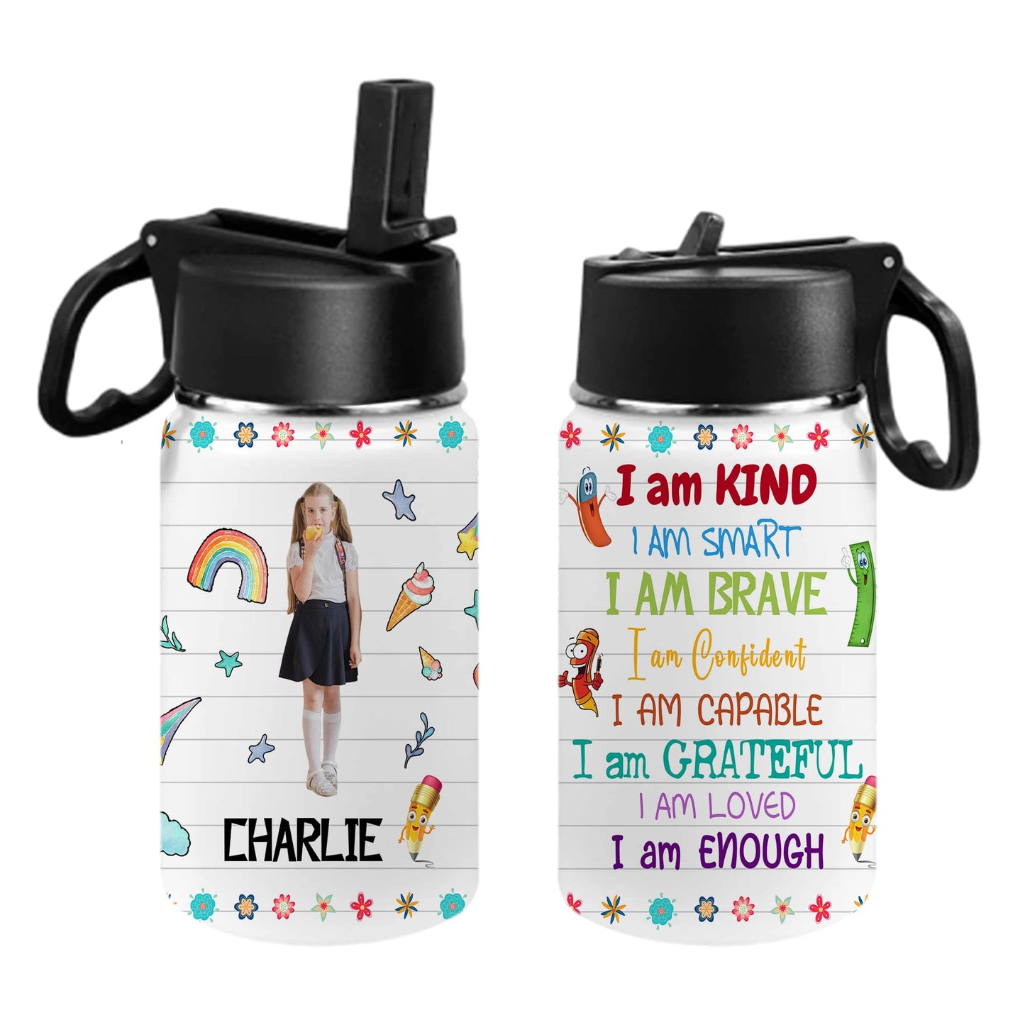 Personalized Kids Water Bottle with Straw for Boys Girls Custom Sports Water Cup with Kids Name Photo Customized Cute Water Bottle Gift for Grandchildren Toddler Children Birthday Back to School12oz