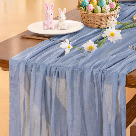 Socomi Cheesecloth Table Runner - Dusty Blue Boho Rustic Sheer 120 Inch for Weddings & Home Decor