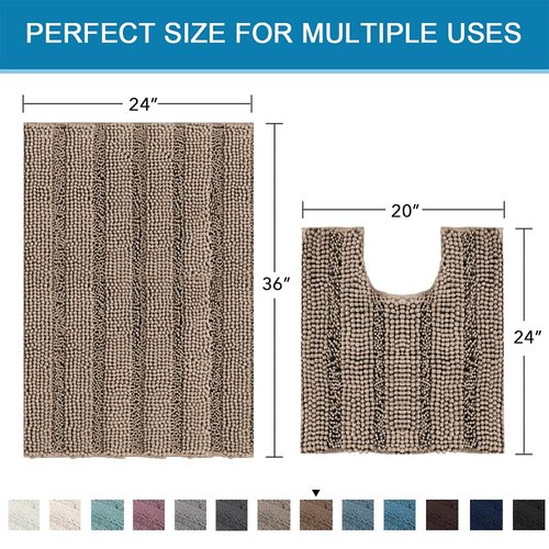 H.VERSAILTEX Bathroom Rugs Bath Rug Set 2 Piece Bathroom Contour Rug Toilet Mat Sets Non Slip Contour Bath Rug Ultra Thick Water Absorbent Striped Bath Mats(36" x 24" Plus 20" x 24" U, Taupe Brown)