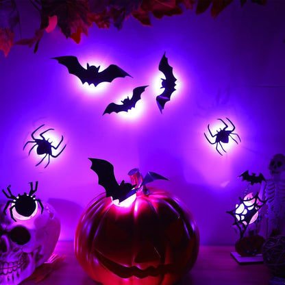 LED Halloween Wall Decor Set – 42pcs 3D Bats & Spiders with Green & Purple Lights