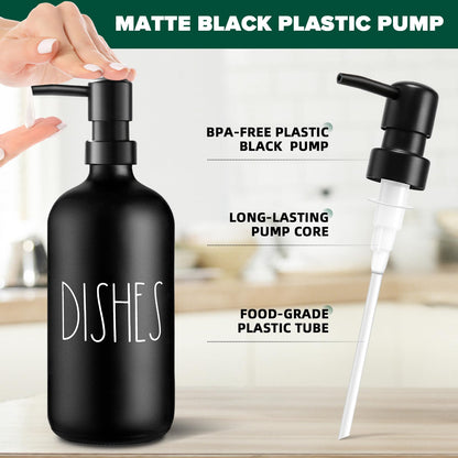 VIMERPA Hand and Dish Soap Dispenser Set, Matte Black Hands Dishes Soap Dispenser Set for Kitchen, 2 Pack Glass Soap Dispensers Set with Plastic Pump, 17 Fl Oz Refillable Liquid Soap Bottles