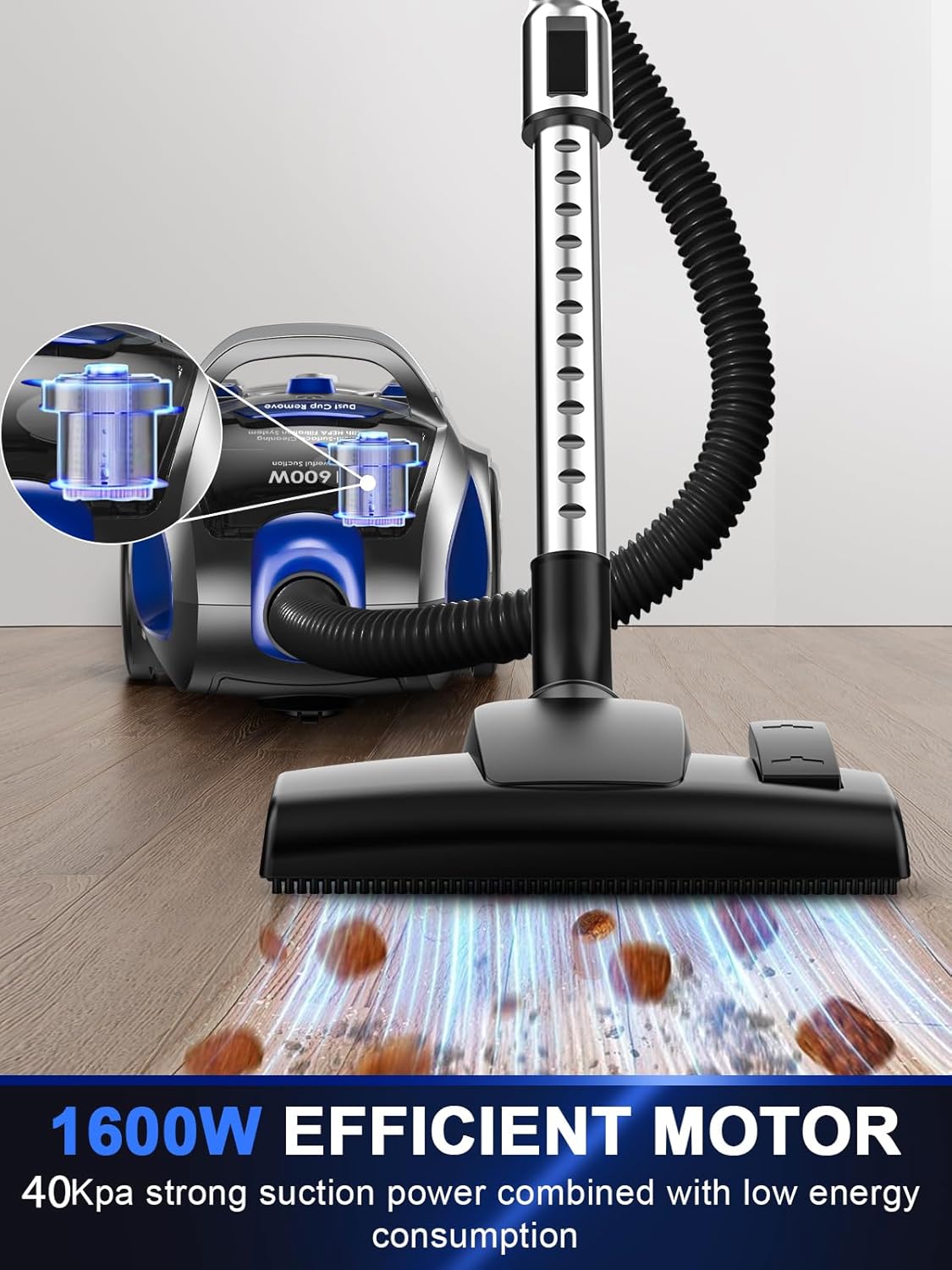 Regine Switzerland Canister Vacuum Cleaner - 40Kpa 1600W Cyclone Power, Lightweight & Bagless for Home | 3.7QT Dust Cup, Blue