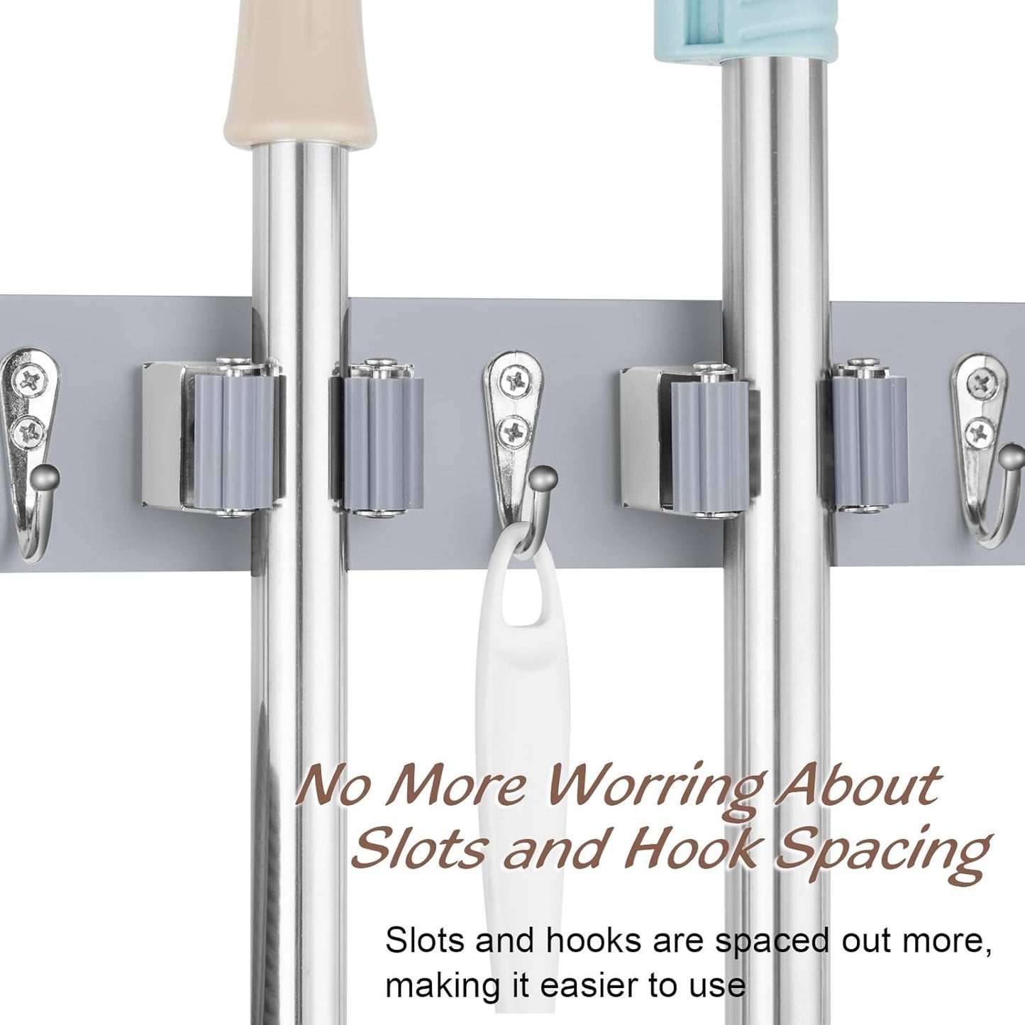 OUTNILI Mop Broom Holder - Wall Mount Organizer with 4 Slots & Hooks for Laundry Room | Gray Wood Design