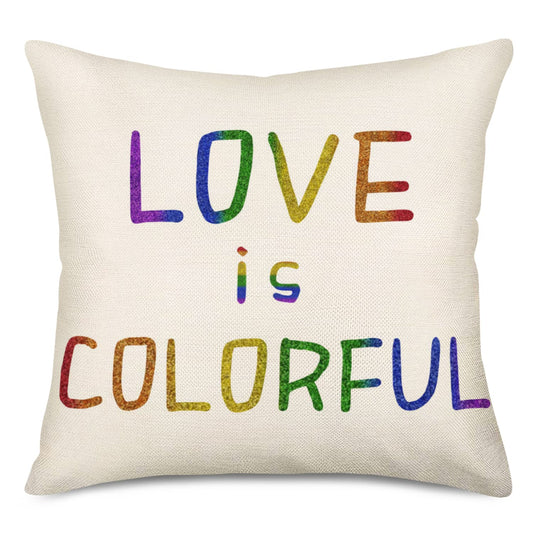 Aremetop Rainbow Pride Love Throw Pillow Cushion Cover 18x18 Inch LGBT Gay Lesbian Parade Love is Colorful Quotes Sign Decorative Square Accent Pillow Case for Home Sofa Couch Decor