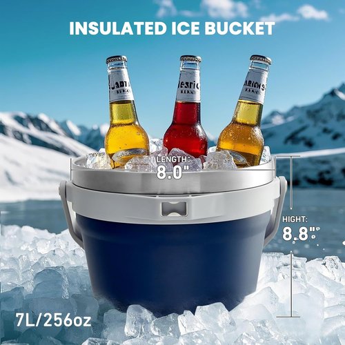 COKTIK 7L Insulated Ice Bucket with Lid，Double Wall Vacuum Stainless Steel Beverage Bucket Keeps Frozen Longer，Holds 6 Longnecks or 3 Bottles of Wine，for Cocktail, Champagne, (Navy,1 Pack)