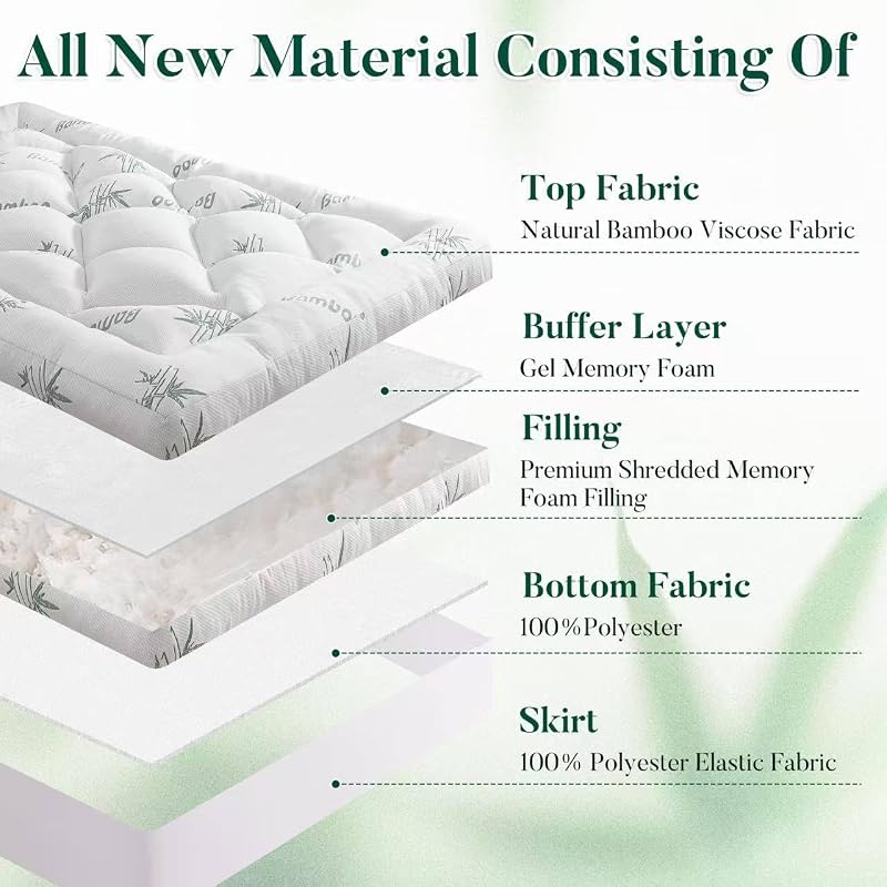 Queen Memory Foam Mattress Topper 3" with Bamboo Cooling 8-21" Deep Pocket - Green Variation