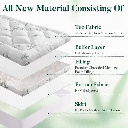 Queen Memory Foam Mattress Topper 3" with Bamboo Cooling 8-21" Deep Pocket - Green Variation
