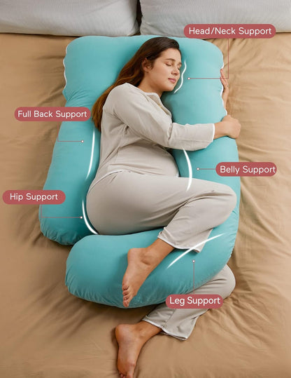 Momcozy U-Shaped Pregnancy Pillow - 57 Inch Full Body Maternity Support with Cotton Cover | Tiffany Blue