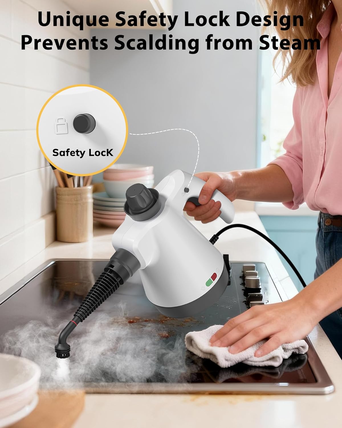 Steam Cleaner, Pressurized Handheld Steam Cleaner for Home with 12pcs Accessories & Safety Lock, Multi-Surface Powerful Natural Steamer for Deep Cleaning Grout, Kitchen, Bathroom, Car, Windows, White
