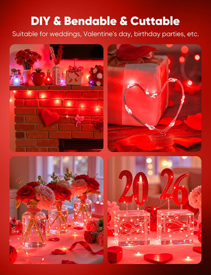 Minetom 12 Pack Red Christmas Lights - 7ft Battery Operated Fairy Lights | 20 LED Waterproof Twinkle Lights for Valentine's Day Decor