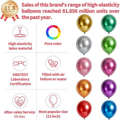110pcs Metallic Balloons - 12 Inch Latex Balloons for Birthday Party, Baby Shower & Wedding | Includes 2 Ribbons