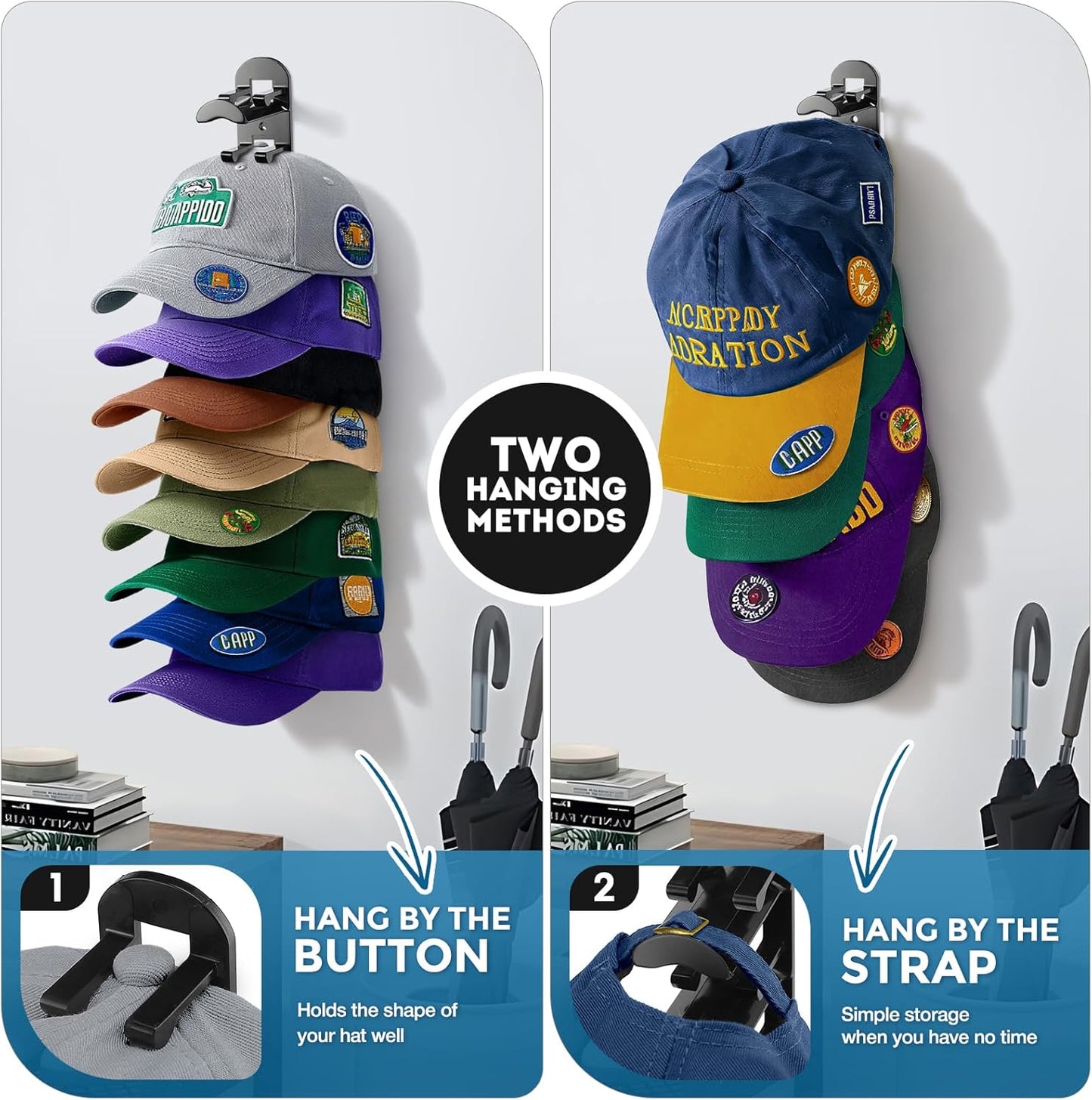 Skiennix Hat Organizer - Wall-Mounted Rack for Up to 20 Baseball Caps | Strong Adhesive & Screws - Black