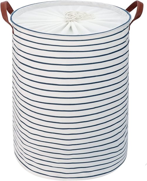 DOKEHOM 20-Inch Freestanding Laundry Basket - Collapsible Drawstring Hamper with Lid & Handle | Blue Stripe
