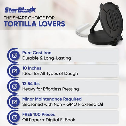 10 Inch Cast Iron Tortilla Press by StarBlue with FREE 100 Pieces Oil Paper and Digital Recipes e-book - Tool to make Indian style Chapati, Flour Tortilla, Roti