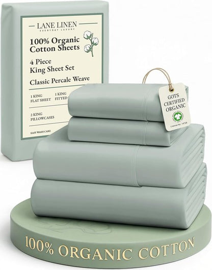 LANE LINEN 100% Organic Cotton King Sheets - Soft & Comfy Percale Bedding | 15" Deep Pocket, Eco-Friendly Cool Blue