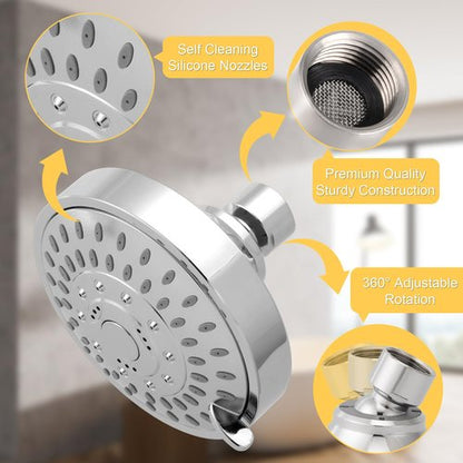 AISOSO Shower Head, 5 Modes High Pressure Shower Heads for Relaxed Shower Experience, 4.1 Inch Bathroom Fixed Showerhead Even at Low Water Pressure for Powerful Spray, Chrome