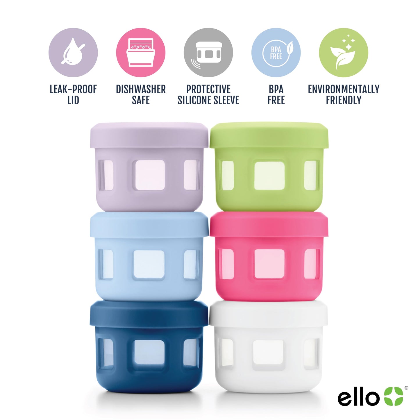 Ello Reusable Condiment Containers 4oz each with Screw-on Leak Proof Lid 6 Pack | Perfect for Salad Dressing Sauce Dips Lunchbox Picnic Travel Bento Box | BPA-Free | Dishwasher Safe | Sunny Daze