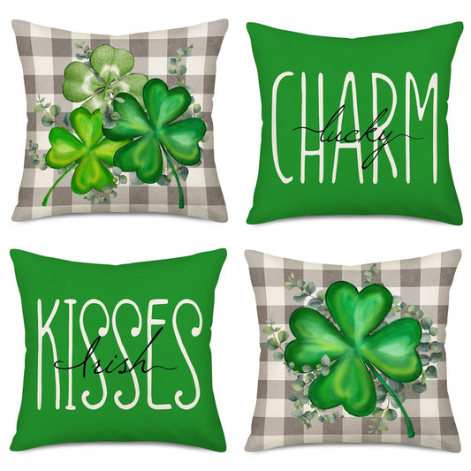 Easternproject St. Patrick’s Day Spring Pillow Covers 22x22 Inch Lucky Charm Kisses Irish Green Clovers Shamrocks Leaves Pillow Cover Grey Buffalo Plaid Set of 4 Farmhouse Decorations Cushion Case