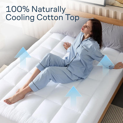 Skiennix Cloud-Like Twin Mattress Topper - 100% Cotton Cooling Mattress Pad for Full Body Support - White