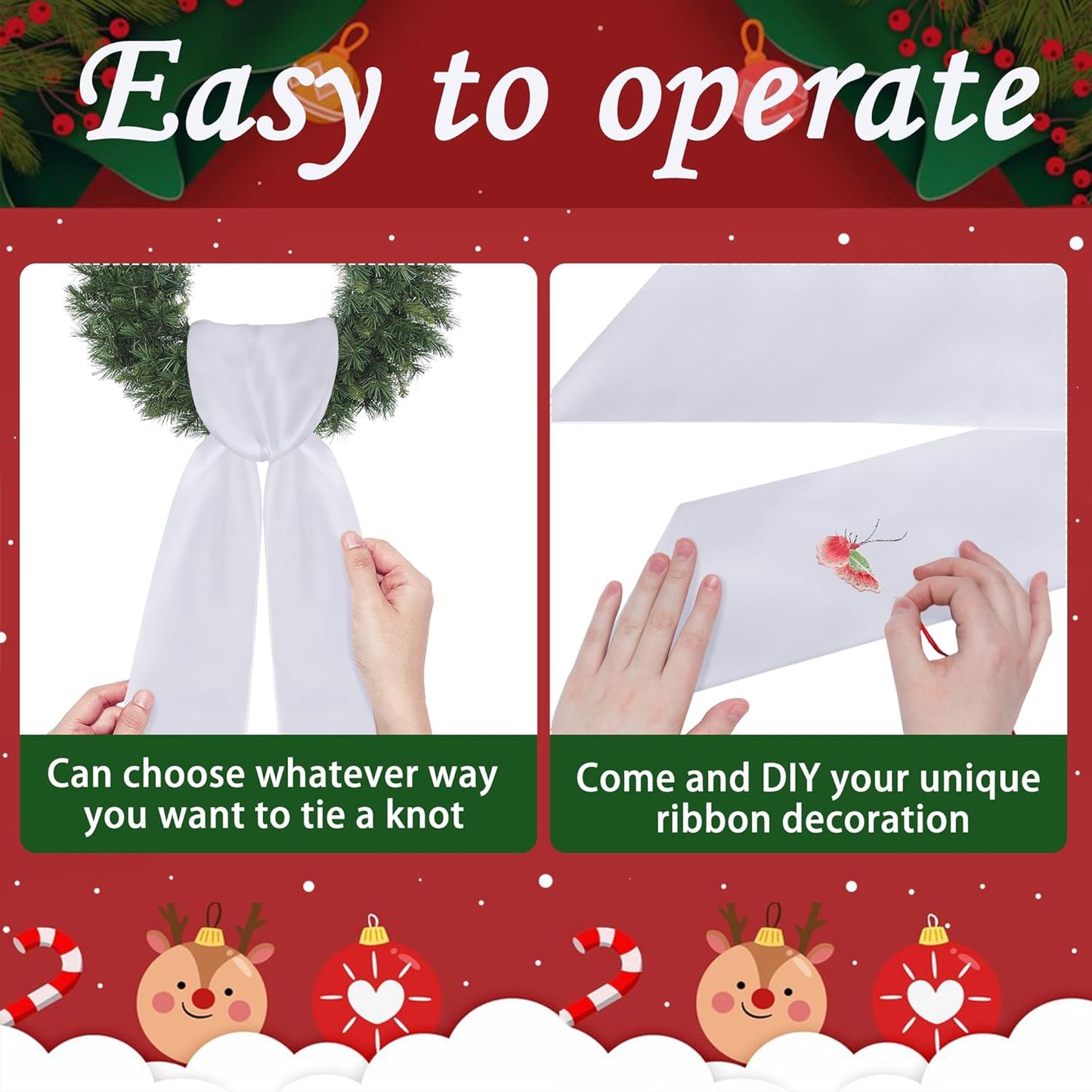 RunNico White Wreath Sash - 4.5" W x 56.3" L | 2 Pack Plain Embroidered Decor for All Occasions