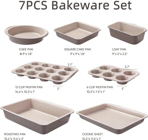 CAROTE 7-Piece Nonstick Bakeware Set - Versatile Baking Pans Including Cookie Sheets, Muffin & Loaf Pans, Gray & Khaki
