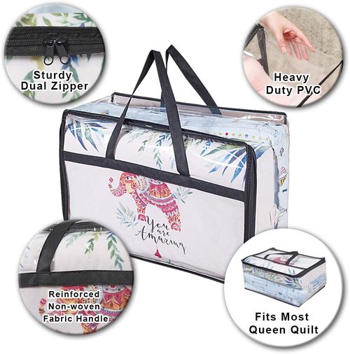 Clear Clothes Storage Bag Organizer - Reinforced Handle Vinyl Totes for Comforters & Bedding | 3 Pack, 55L, Black
