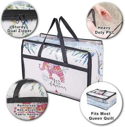 Clear Clothes Storage Bag Organizer - Reinforced Handle Vinyl Totes for Comforters & Bedding | 3 Pack, 55L, Black