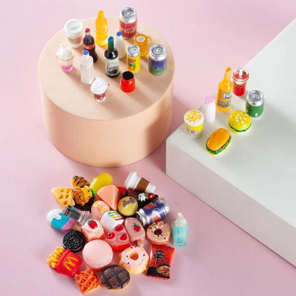 Skiennix Miniature Food & Drink Bottles Set - 50 Pcs for Dollhouse Play | Includes Soda Cans & Desserts