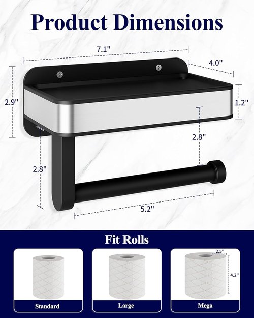 Kitsure Toilet Paper Holder - Matte Black Adhesive & Screw Wall Mount with Shelf | Space-Saving Design, 7.1" W