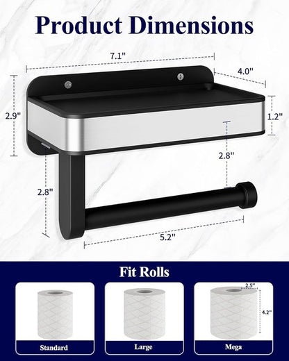 Kitsure Toilet Paper Holder - Matte Black Adhesive & Screw Wall Mount with Shelf | Space-Saving Design, 7.1" W
