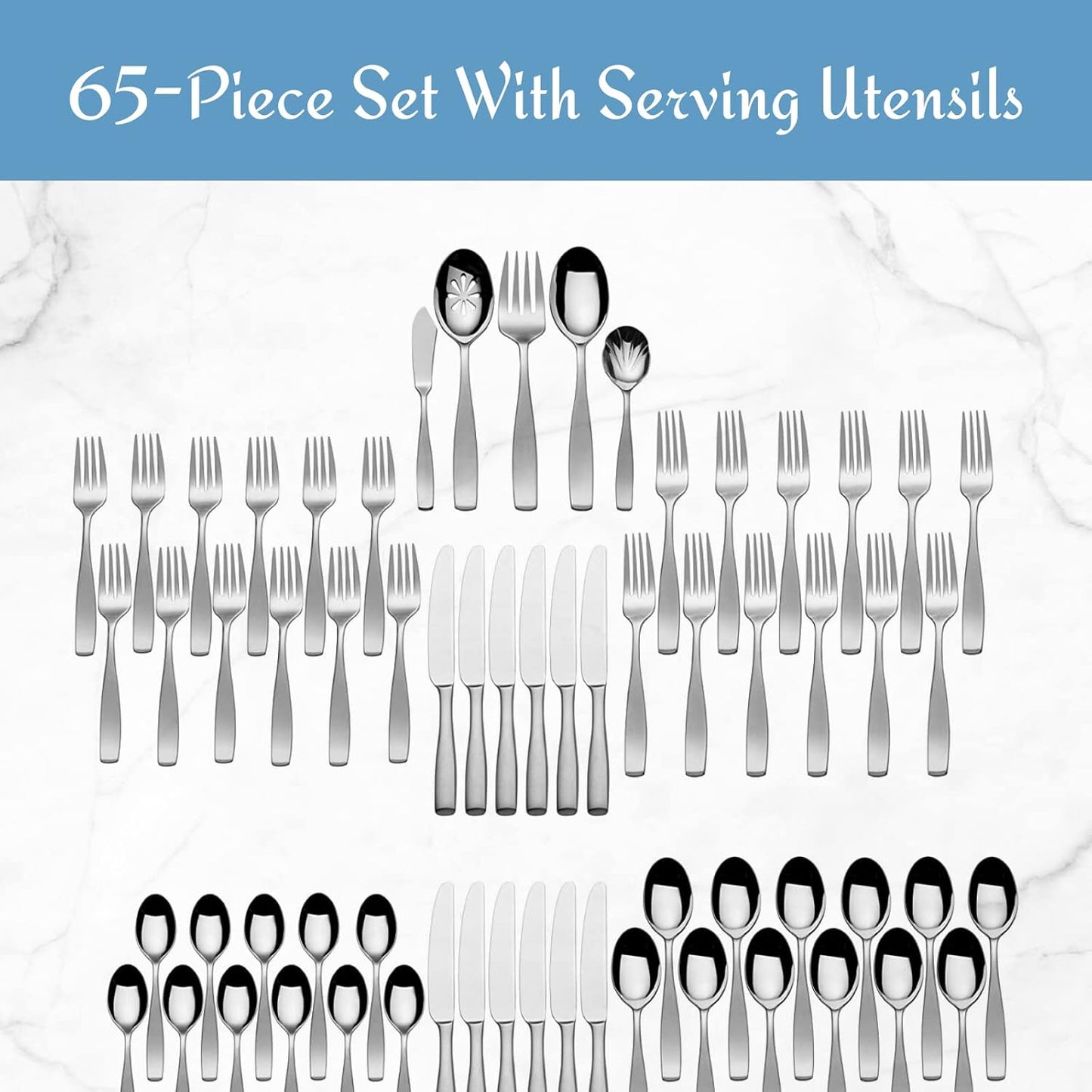 Mikasa Satin Loft 65-Piece Flatware Set - Elegant 18/10 Stainless Steel for 12 | Durable Silverware Set