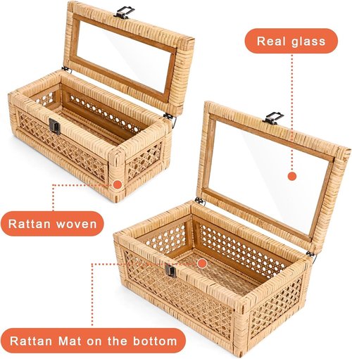 HUAXIN CRAFT Rattan Decorative Box Set - Rectangular Woven Design with Glass Lid for Stylish Display