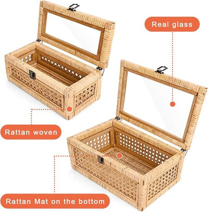 HUAXIN CRAFT Rattan Decorative Box Set - Rectangular Woven Design with Glass Lid for Stylish Display