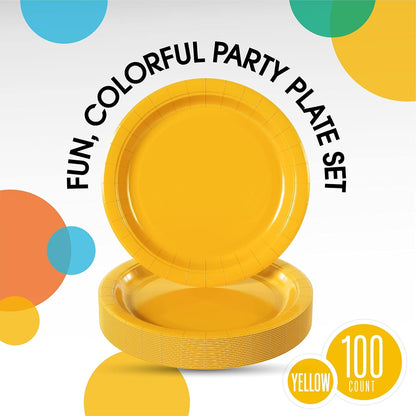 Skiennix Heavy-Duty Yellow Disposable Paper Plates - 9 Inch, 100 Pcs for Parties & Events