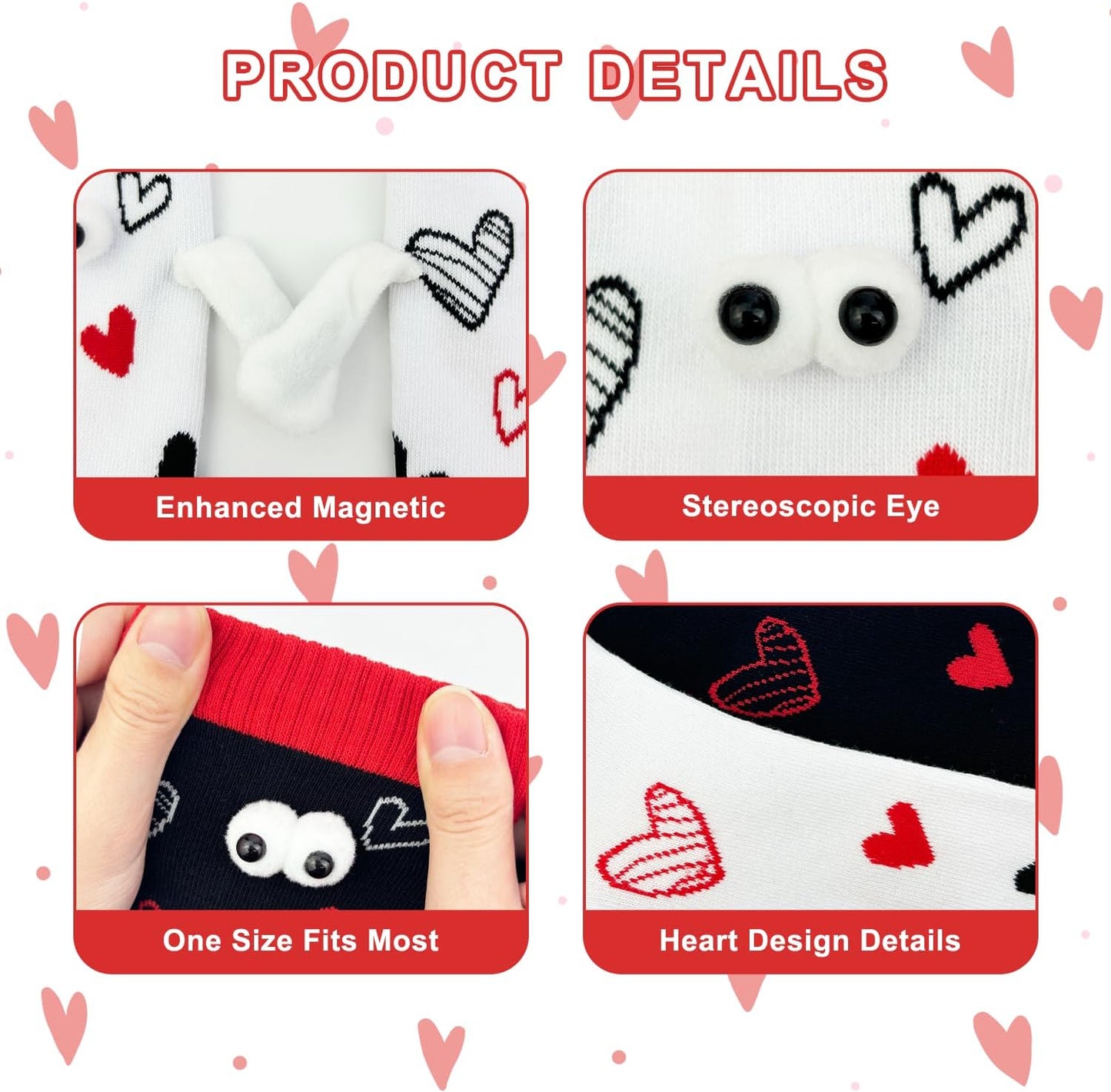 Skiennix Funny Valentine's Day Magnetic Socks - 2 Pairs of Heart Hand Holding Design for Couples & Friends