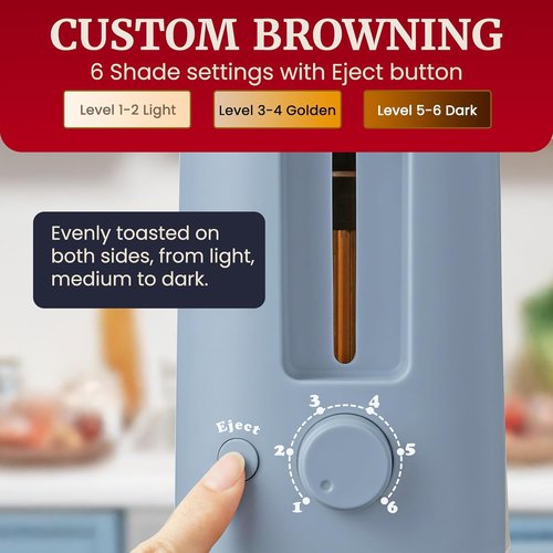 Elite Gourmet SLIMTOAST™ 2-Slice Long Slot Toaster - Cool-Touch Body, 6 Settings, Ocean Blue