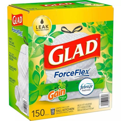 GLAD ForceFlex Tall Kitchen Drawstring White Trash Bags, Gain Original Scent with Febreze Freshness (13 gal, 150 ct.)