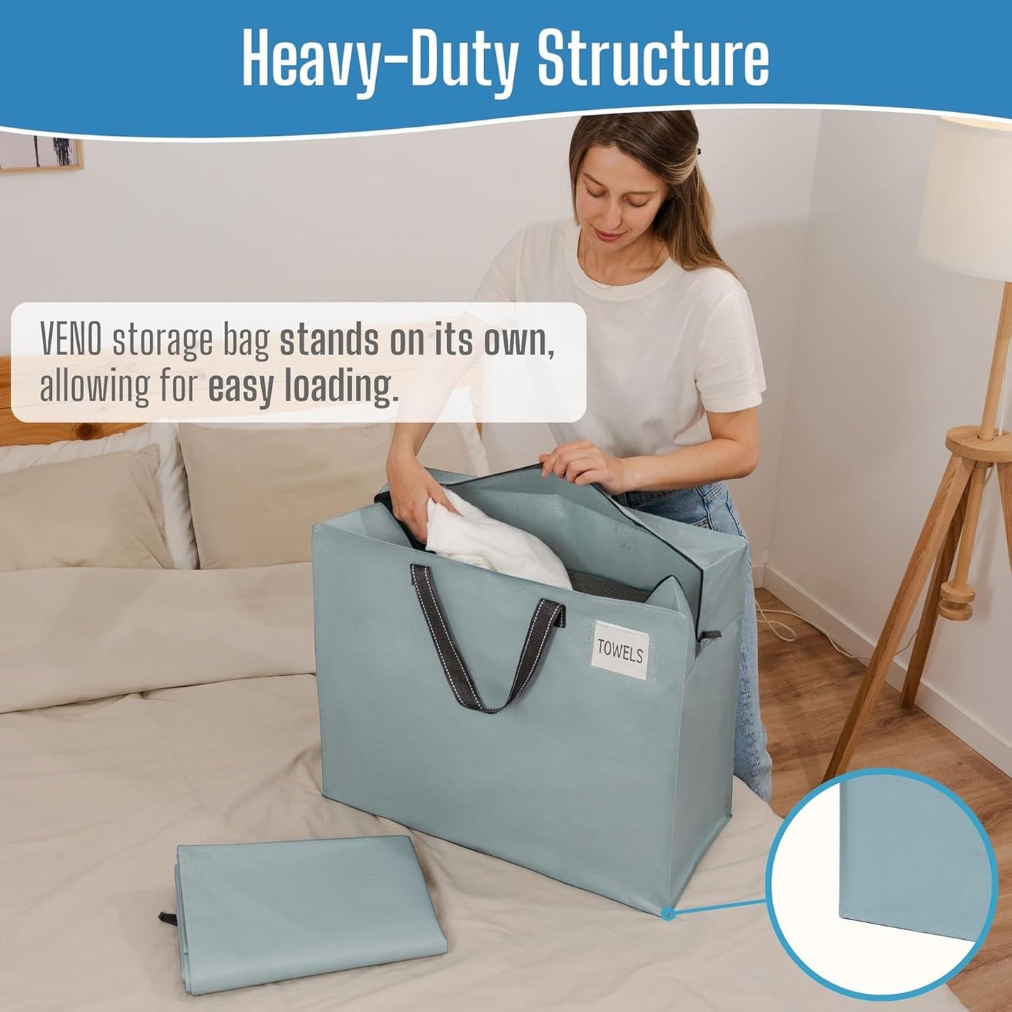VENO Heavy Duty Moving Bags - 22 Gallon Storage Totes for Camping, Clothes & Bedding | 4 Pack Light Blue