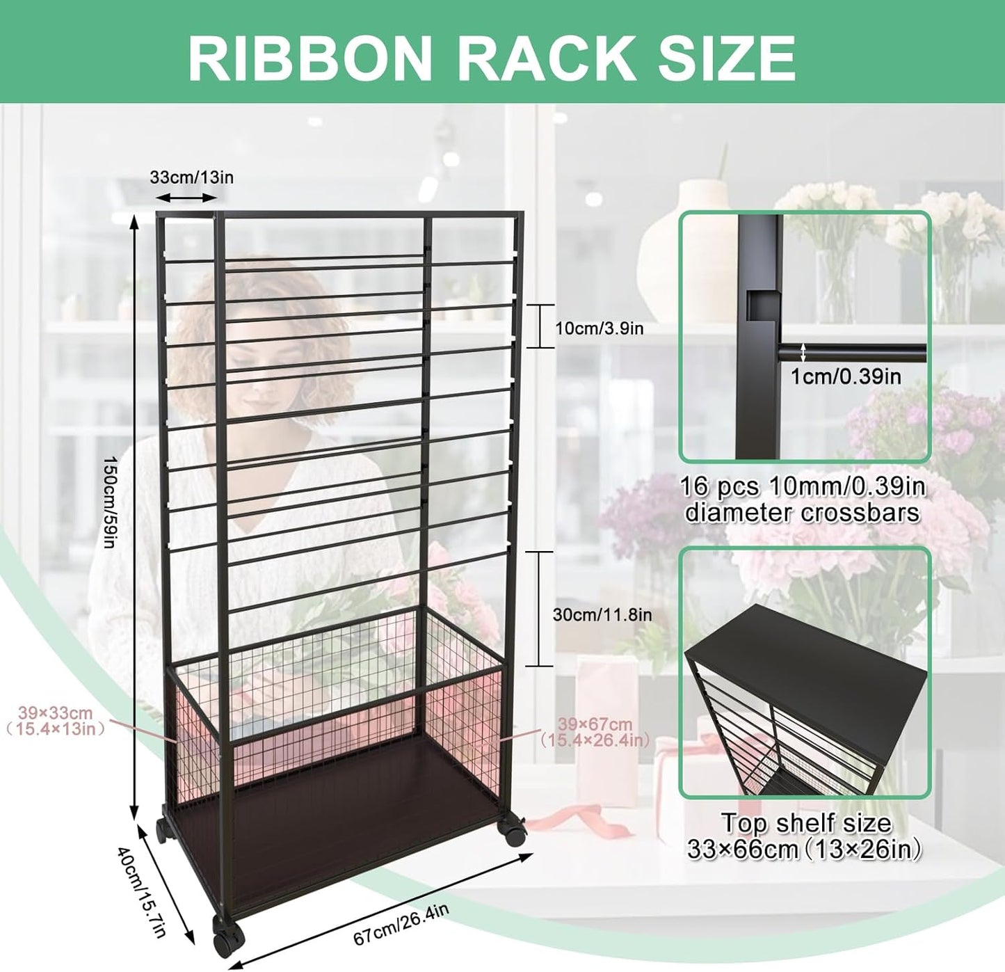 Skiennix 16-Tier Ribbon Organizer Rack - Double-Sided Craft Storage with Wheels | Metal Display Shelf