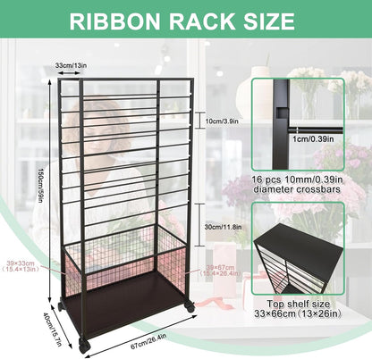 Skiennix 16-Tier Ribbon Organizer Rack - Double-Sided Craft Storage with Wheels | Metal Display Shelf