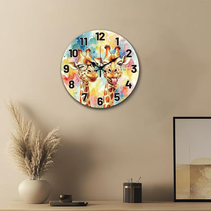 12 Inch Watercolor Giraffe Pattern Wall Clock | Silent Non-Ticking Decor