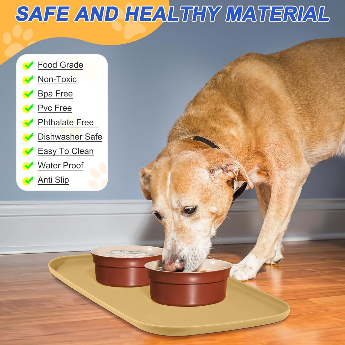 Skiennix Silicone Pet Feeding Mat - Waterproof Dog & Cat Bowl Placemat with Raised Edge | 19 x 12 x 0.7 Dark Beige