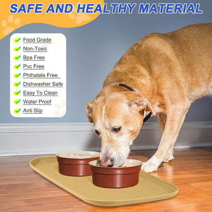 Skiennix Silicone Pet Feeding Mat - Waterproof Dog & Cat Bowl Placemat with Raised Edge | 19 x 12 x 0.7 Dark Beige
